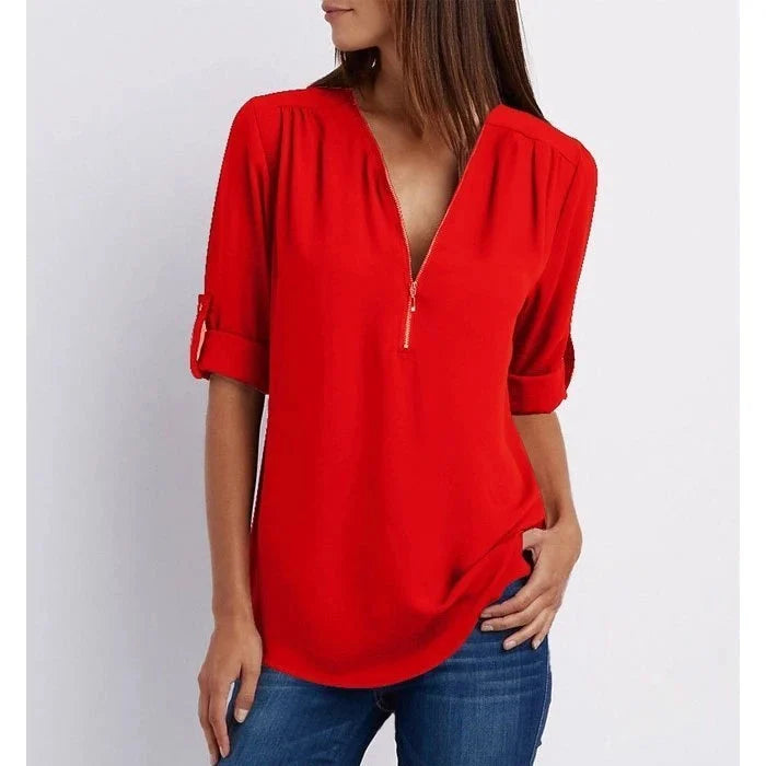 Marta | Blusa taglie forti a maniche 3/4 ampia con cerniera