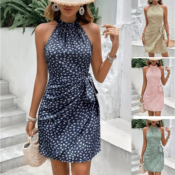 Robe Courte d'Été Femme – Col Halter Élégant avec Imprimé Minimaliste et Ceinture Noeud