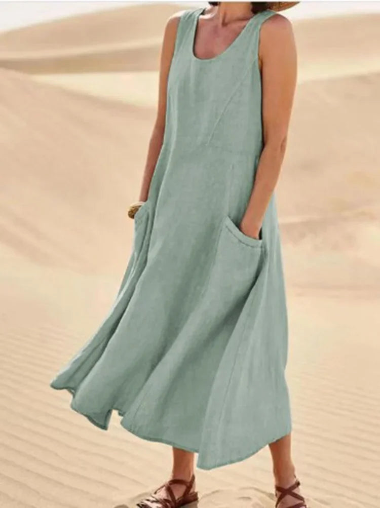 Ärmelloses Kleid aus Baumwolle und Leinen mit Taschen für Damen