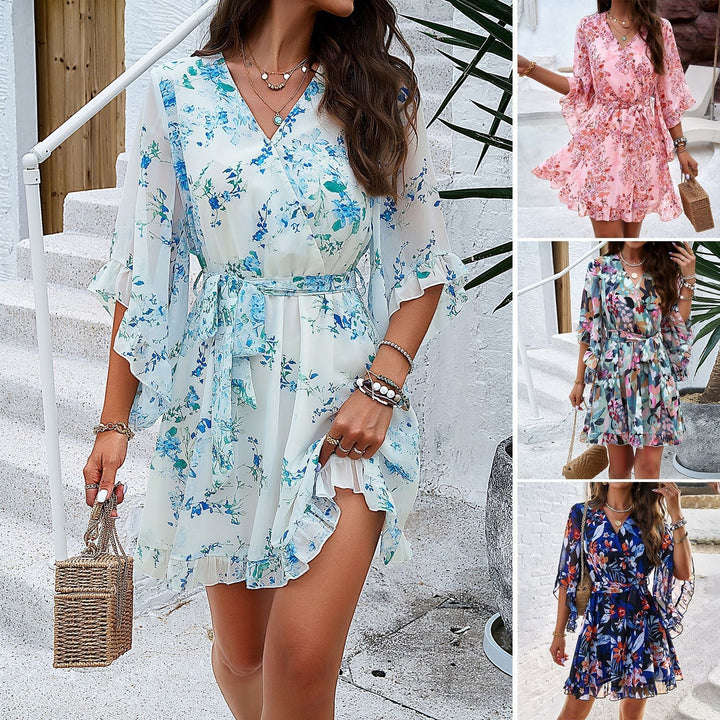 Robe Courte Femme Portefeuille – Motif Fleuri Chic, Manches Volantes et Ceinture à Nouer