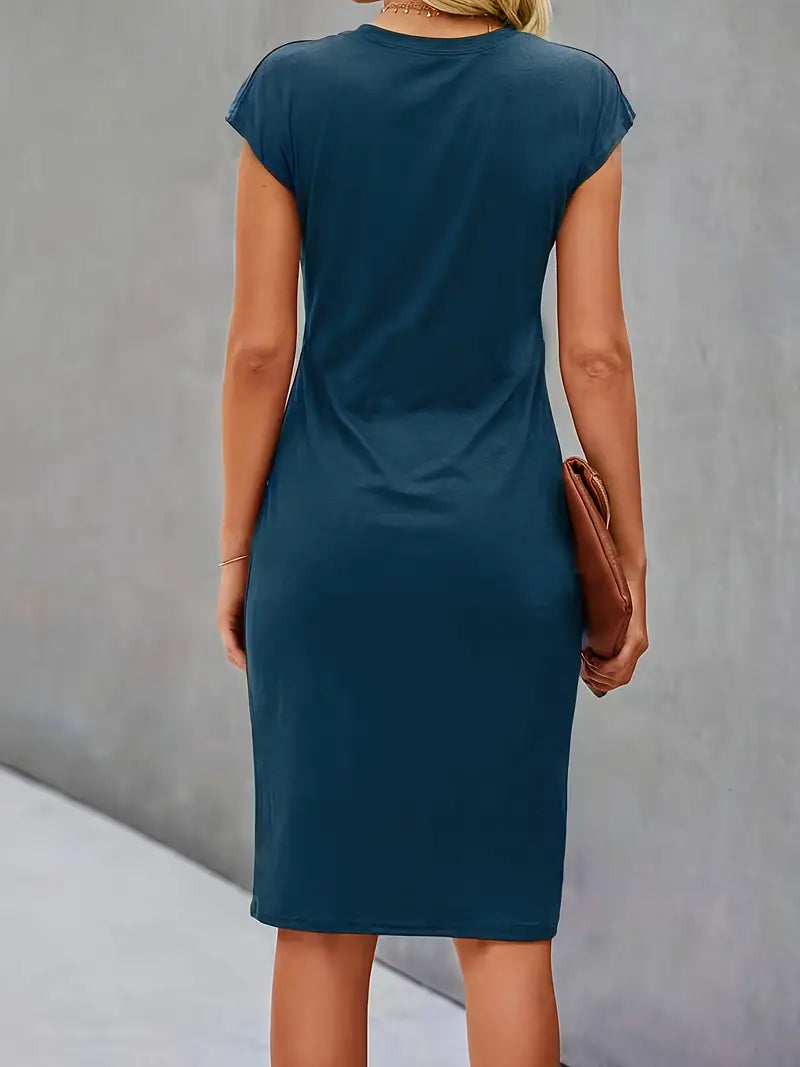 Robe Midi Cintrée Femme – Manches Courtes – Détail Froncé à la Taille – Style Chic et Confortable