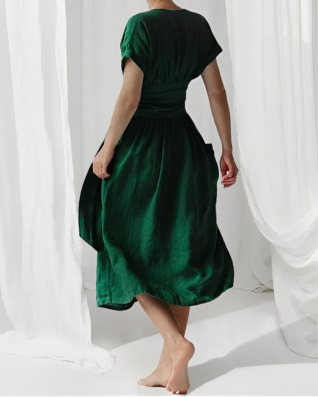 Robe Midi Femme – Style Enveloppant avec Taille Drapée & Grandes Poches – Élégance Minimaliste Décontractée