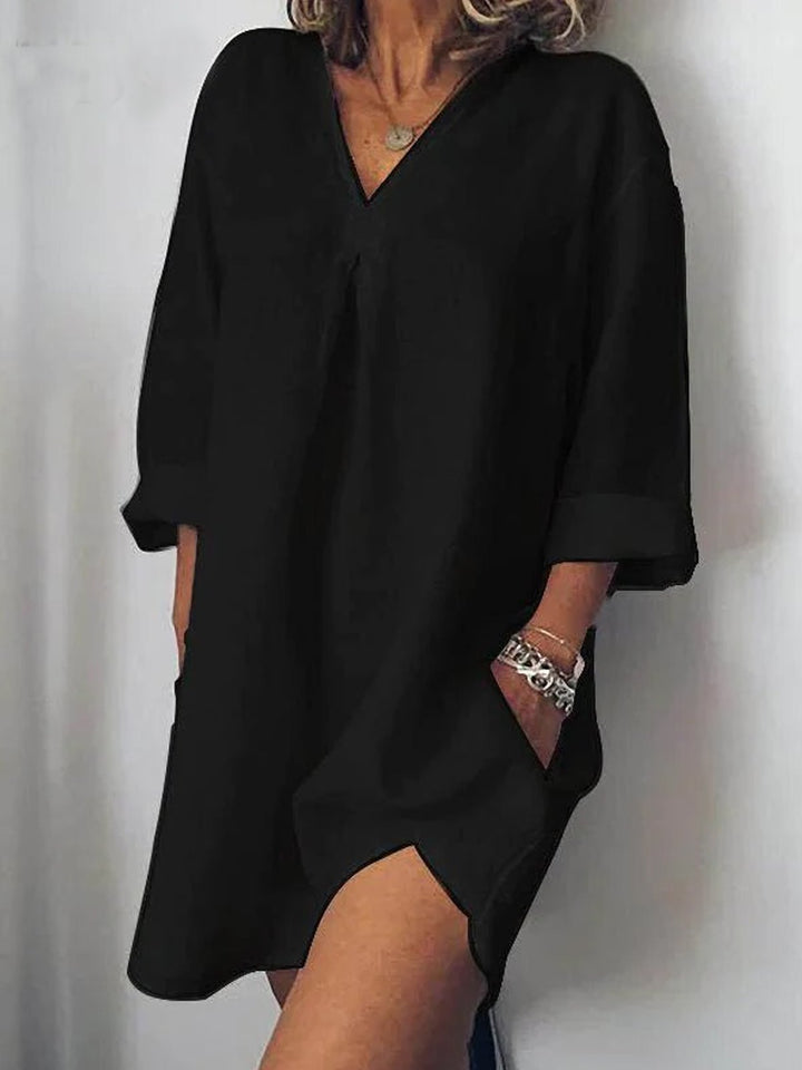 Tunique Courte Femme en Lin – Robe Décontractée à Manches 3/4 et Col V, Style Estival Chic