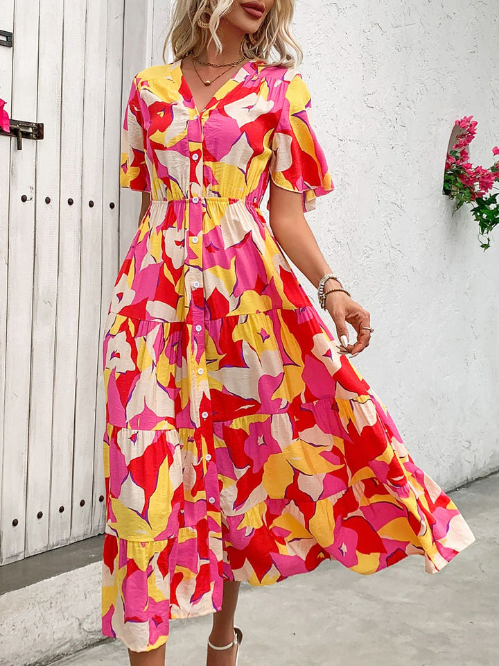 Robe Midi Fleurie Femme – Boutonnée, Ceinturée à Taille Haute avec Manches Courtes