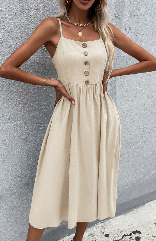 Robe Évasée Femme Été Bretelles Fines – Boutonnée, Style Décontracté Bohème