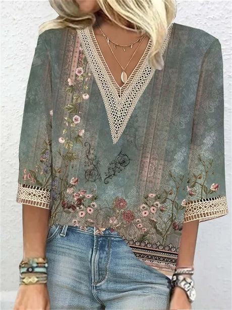 Bedrucktes V-Ausschnitt Boho-Stil Oberteil für Damen | Schick