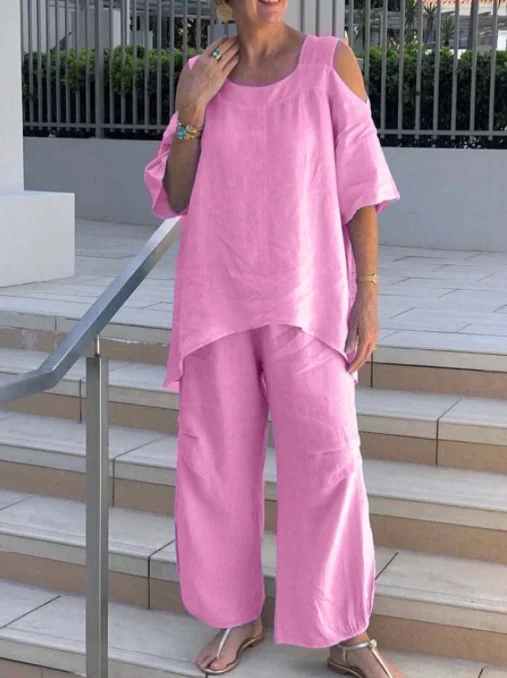 Ensemble Hose mit kurzen Ärmeln aus Baumwoll-Leinen mit Rundhalsausschnitt für Damen