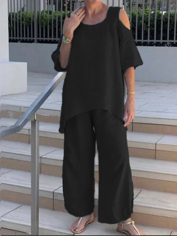 Ensemble Hose mit kurzen Ärmeln aus Baumwoll-Leinen mit Rundhalsausschnitt für Damen