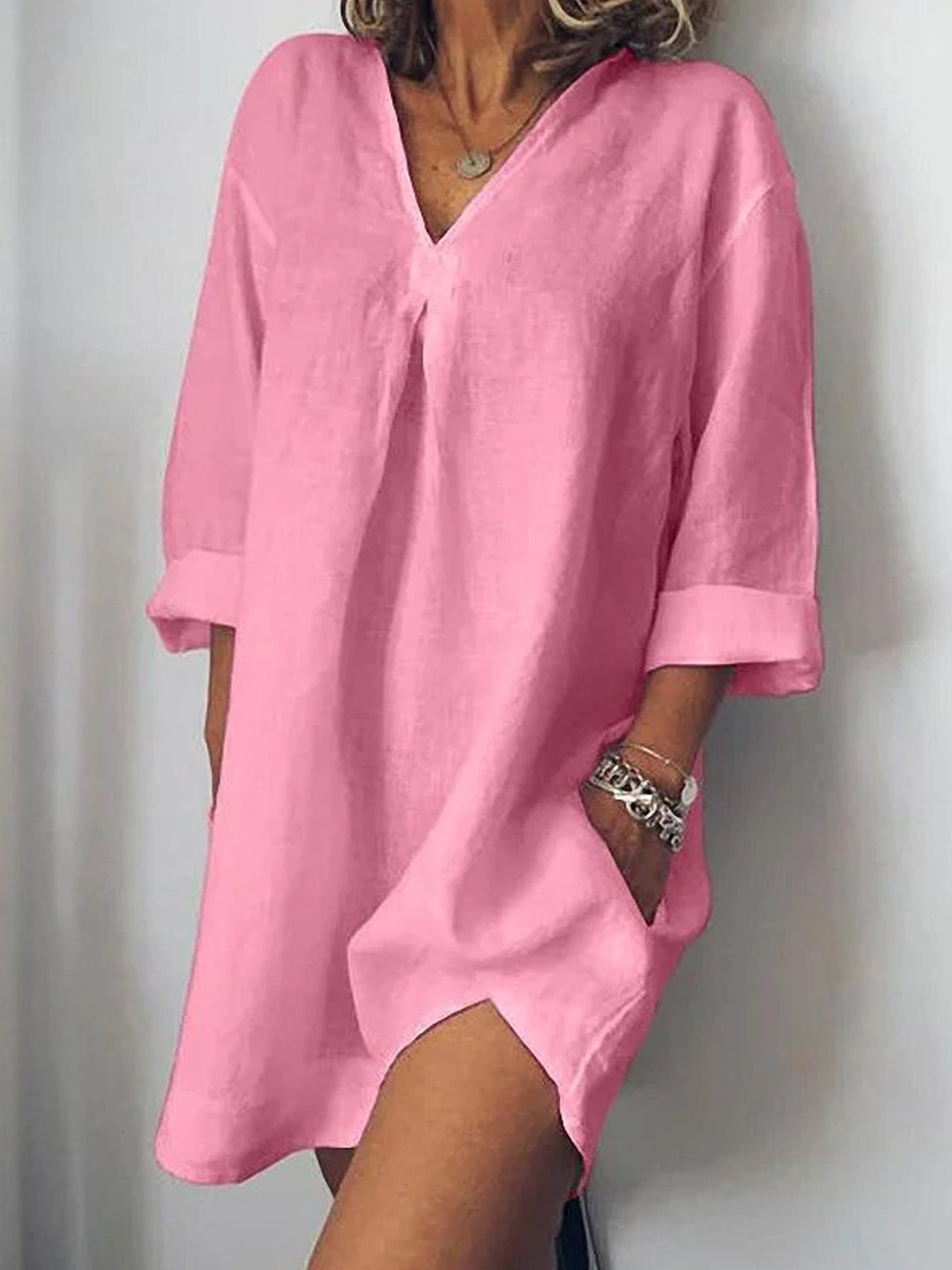 Tunique Courte Femme en Lin – Robe Décontractée à Manches 3/4 et Col V, Style Estival Chic