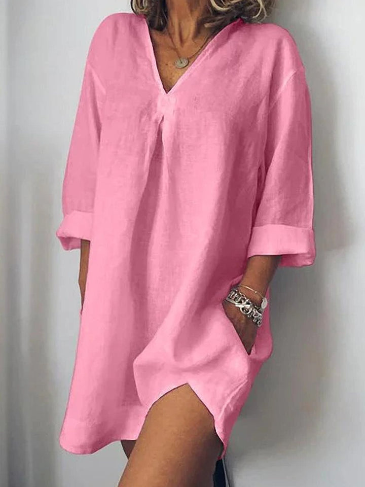 Tunique Courte Femme en Lin – Robe Décontractée à Manches 3/4 et Col V, Style Estival Chic
