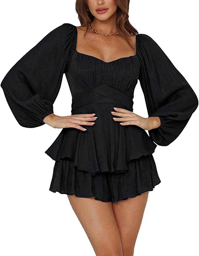 Mini-Robe Femme Évasée – Manches Bouffantes, Encolure Carrée et Coupe Cintrée
