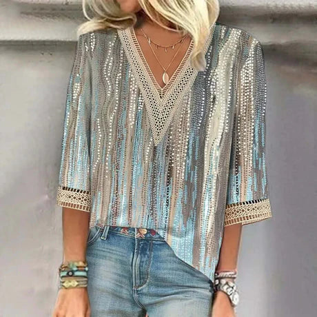 Bedrucktes V-Ausschnitt Boho-Stil Oberteil für Damen | Schick