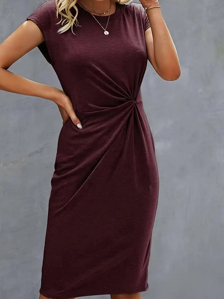 Robe Midi Cintrée Femme – Manches Courtes – Détail Froncé à la Taille – Style Chic et Confortable