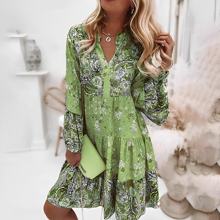 Robe Courte Fleurie Femme – Manches Longues & Encolure en V – Style Romantique Décontracté
