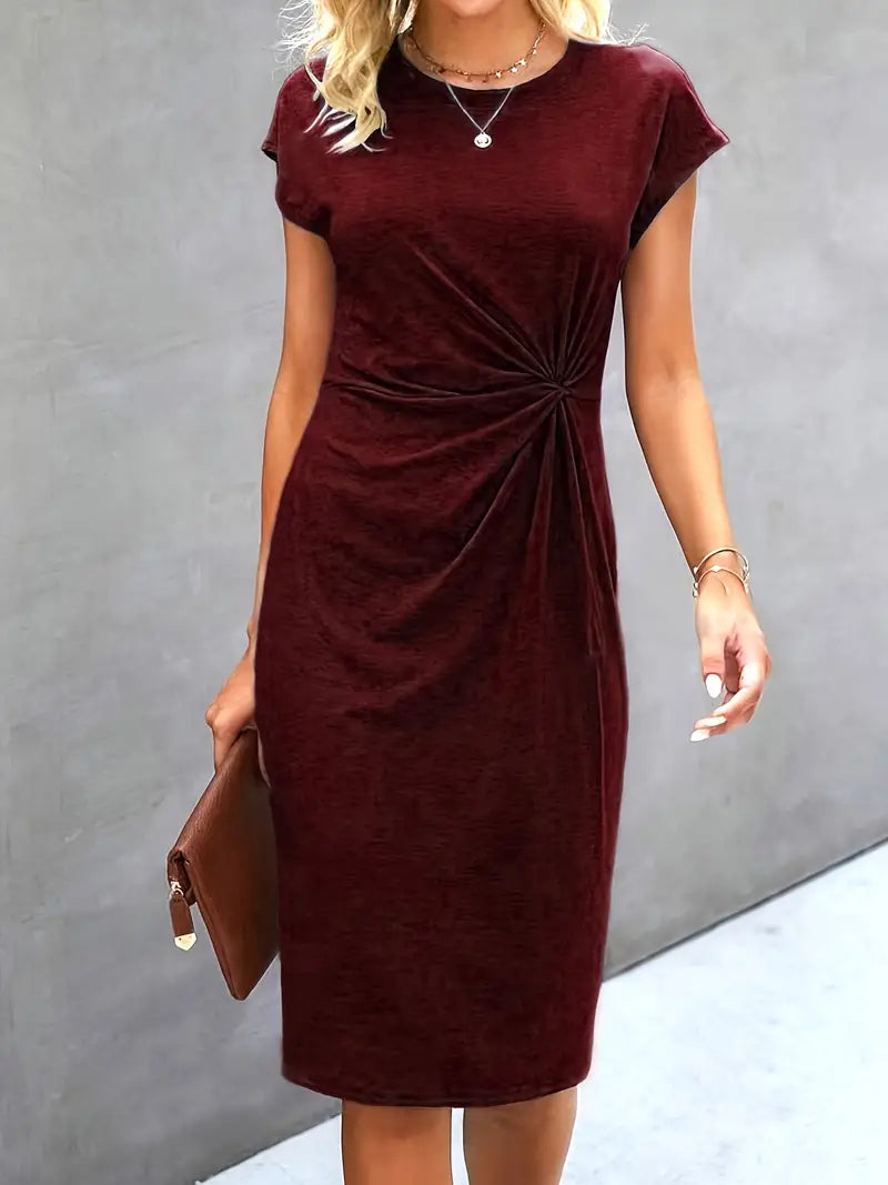 Robe Midi Cintrée Femme – Manches Courtes – Détail Froncé à la Taille – Style Chic et Confortable