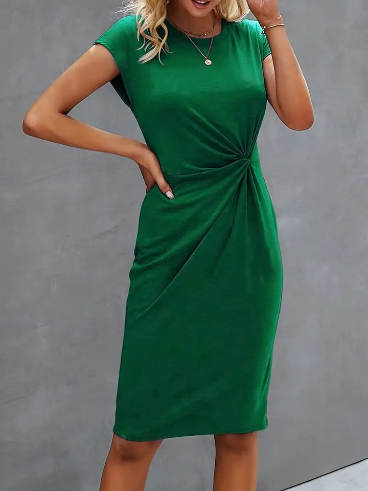 Robe Midi Cintrée Femme – Manches Courtes – Détail Froncé à la Taille – Style Chic et Confortable