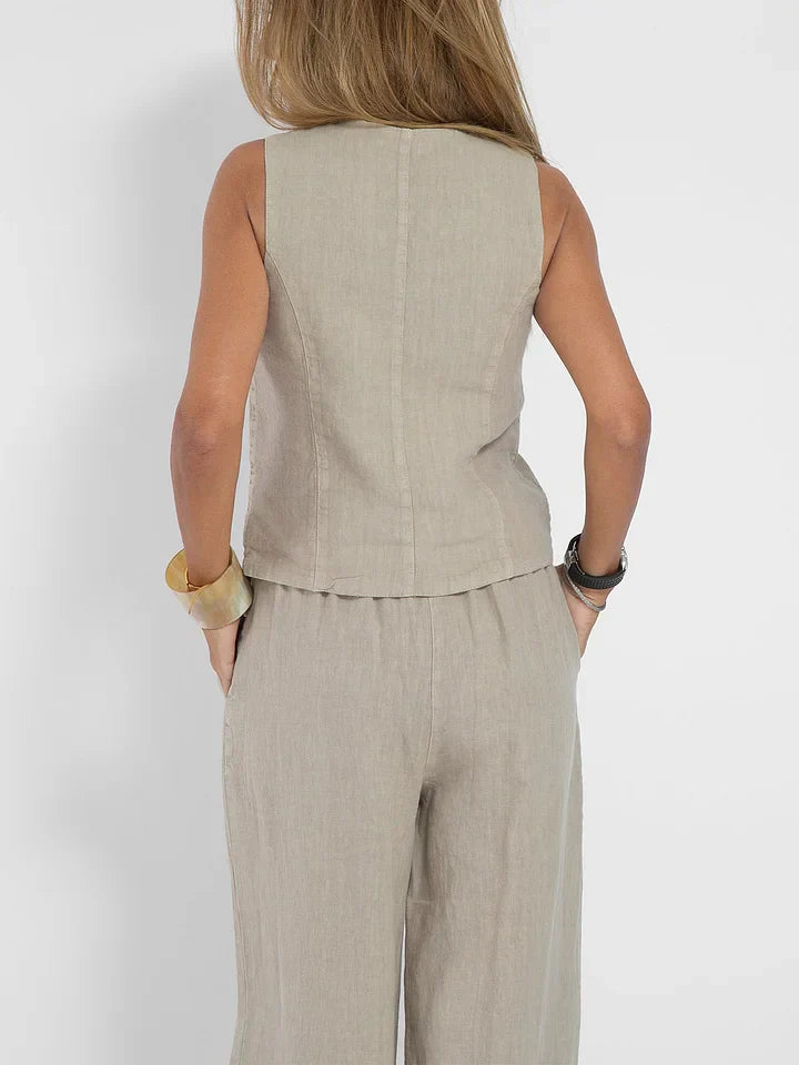 Ensemble deux pièces en lin tweed avec gilet - Élégant et respirant