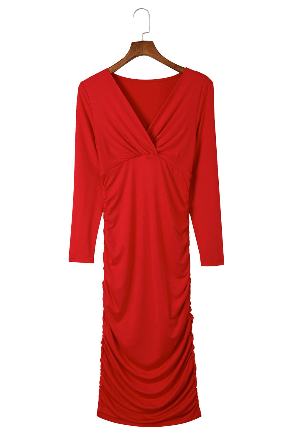 Élodie – Robe moulante rouge vif avec manches longues, volants et col en V