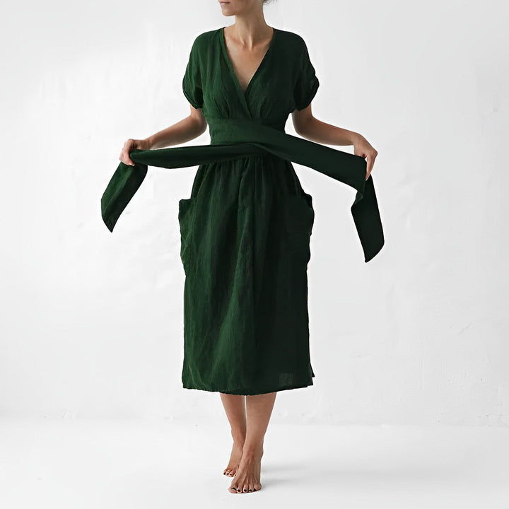 Robe Midi Femme – Style Enveloppant avec Taille Drapée & Grandes Poches – Élégance Minimaliste Décontractée