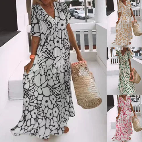 Robe Longue Bohème à Imprimé Floral – Élégance Décontractée pour Été, Vacances et Bord de Mer