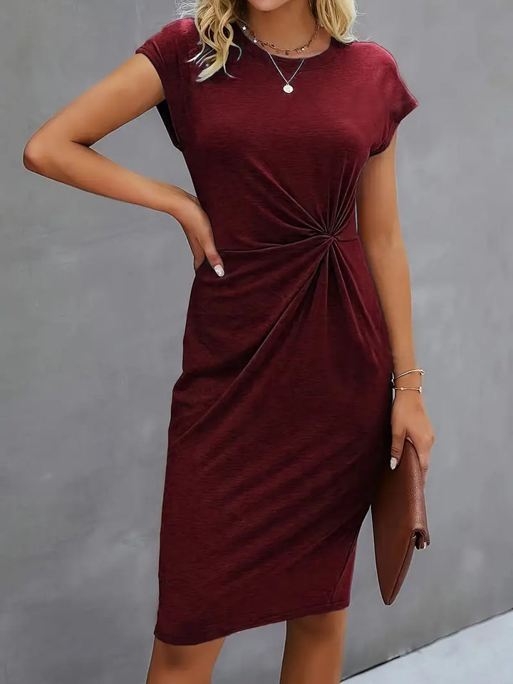 Robe Midi Cintrée Femme – Manches Courtes – Détail Froncé à la Taille – Style Chic et Confortable