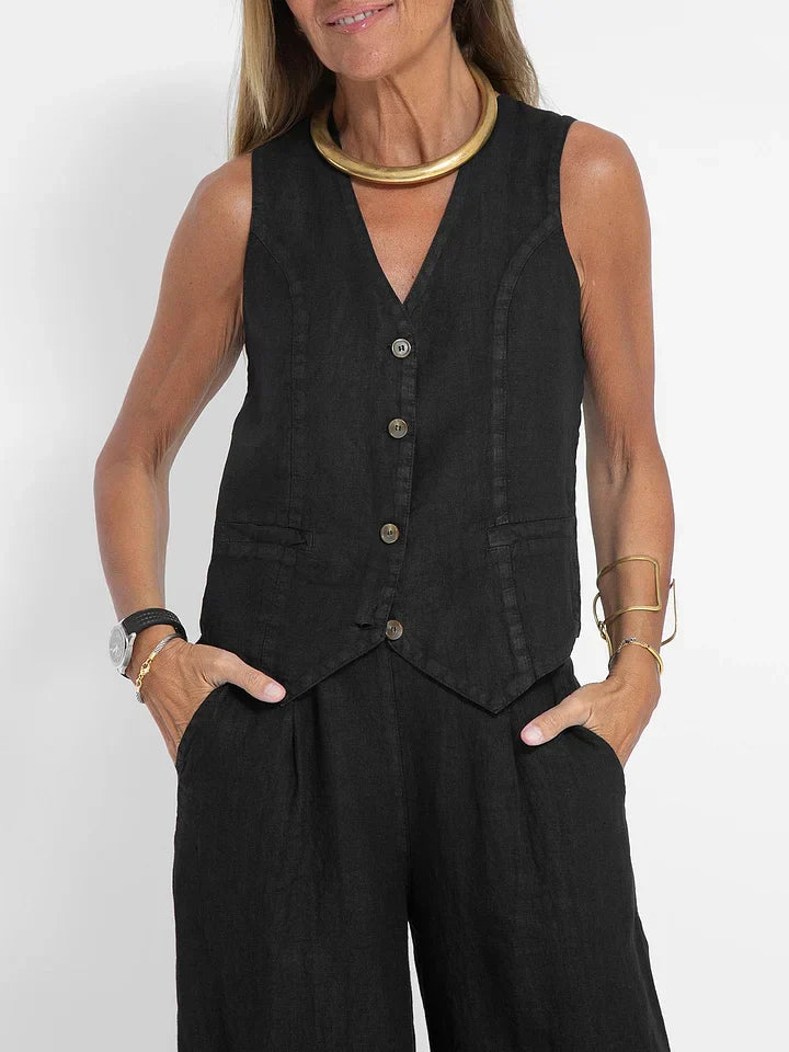 Ensemble deux pièces en lin tweed avec gilet - Élégant et respirant