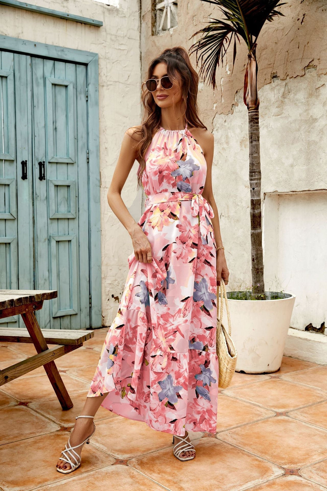 Robe Longue Fleurie Femme – Col Halter, Dos Nu et Ceinture à Nouer