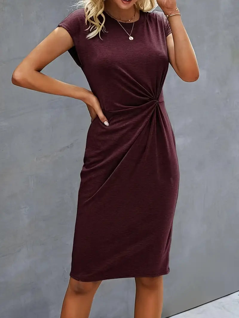 Robe Midi Cintrée Femme – Manches Courtes – Détail Froncé à la Taille – Style Chic et Confortable