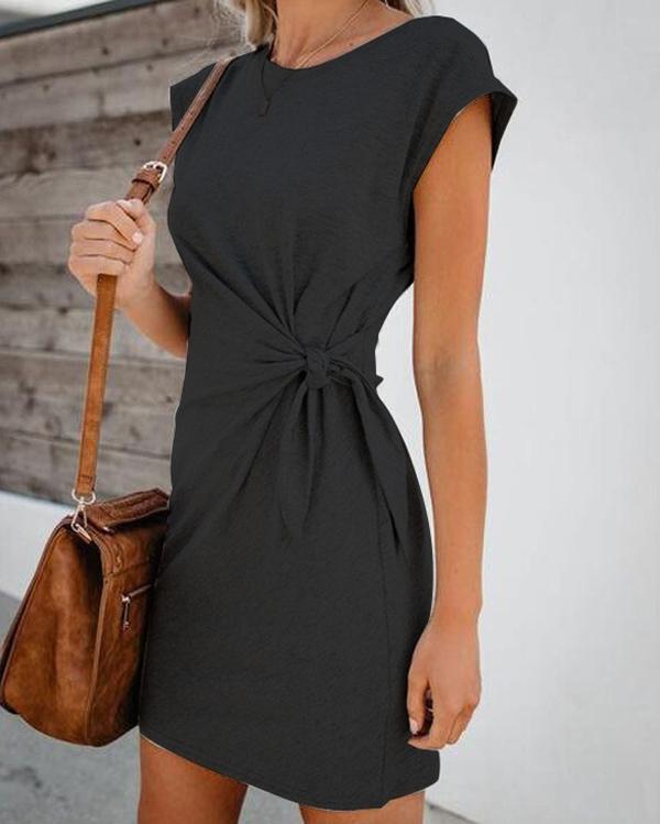 Robe Courte Femme Casual à Nœud Taille – Manches Cap, Style Décontracté Chic
