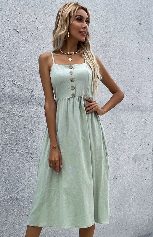 Robe Évasée Femme Été Bretelles Fines – Boutonnée, Style Décontracté Bohème