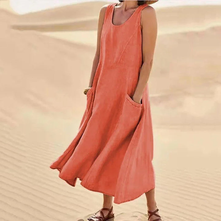 Ärmelloses Kleid aus Baumwolle und Leinen mit Taschen für Damen