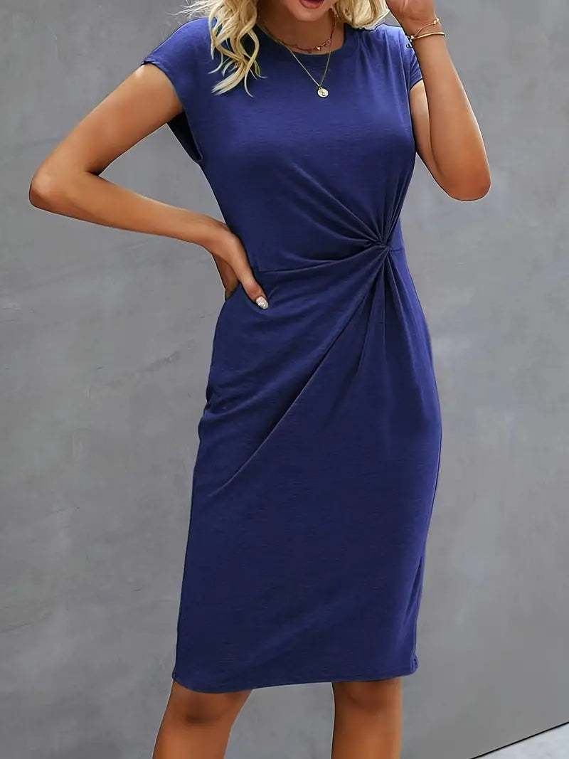 Robe Midi Cintrée Femme – Manches Courtes – Détail Froncé à la Taille – Style Chic et Confortable