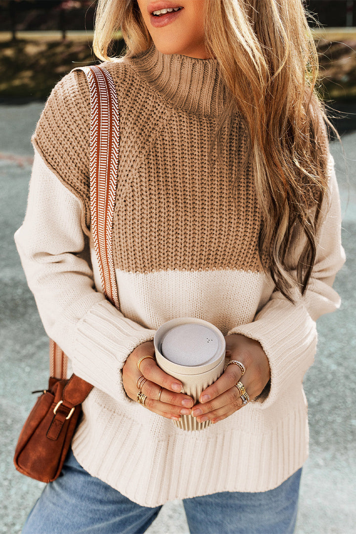 Éliane – Pull pour femmes avec blocs de couleur, fente et col montant chic