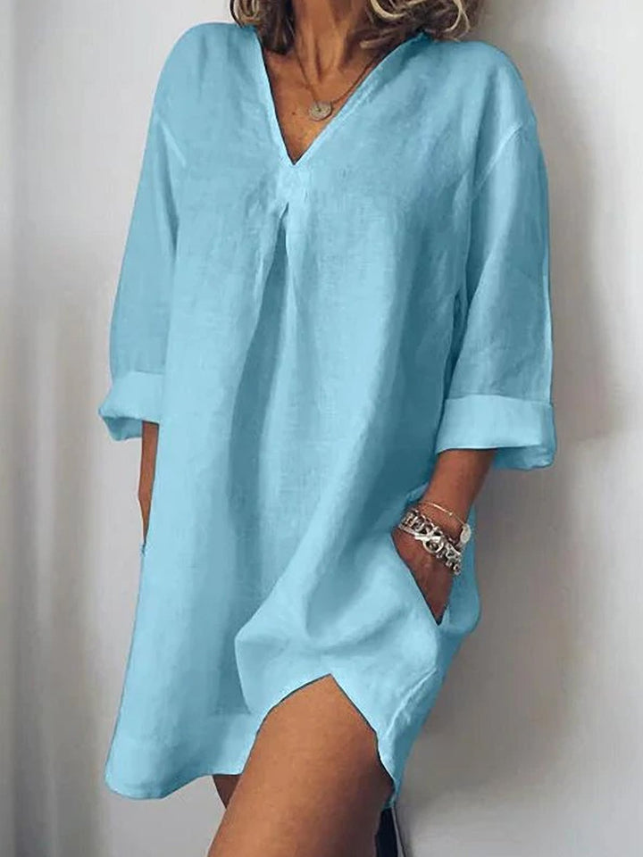Tunique Courte Femme en Lin – Robe Décontractée à Manches 3/4 et Col V, Style Estival Chic