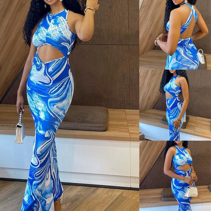 Robe Longue Femme Ajustée – Imprimé Marbré & Découpes Sexy – Style Clubwear ou Soirée Tendance