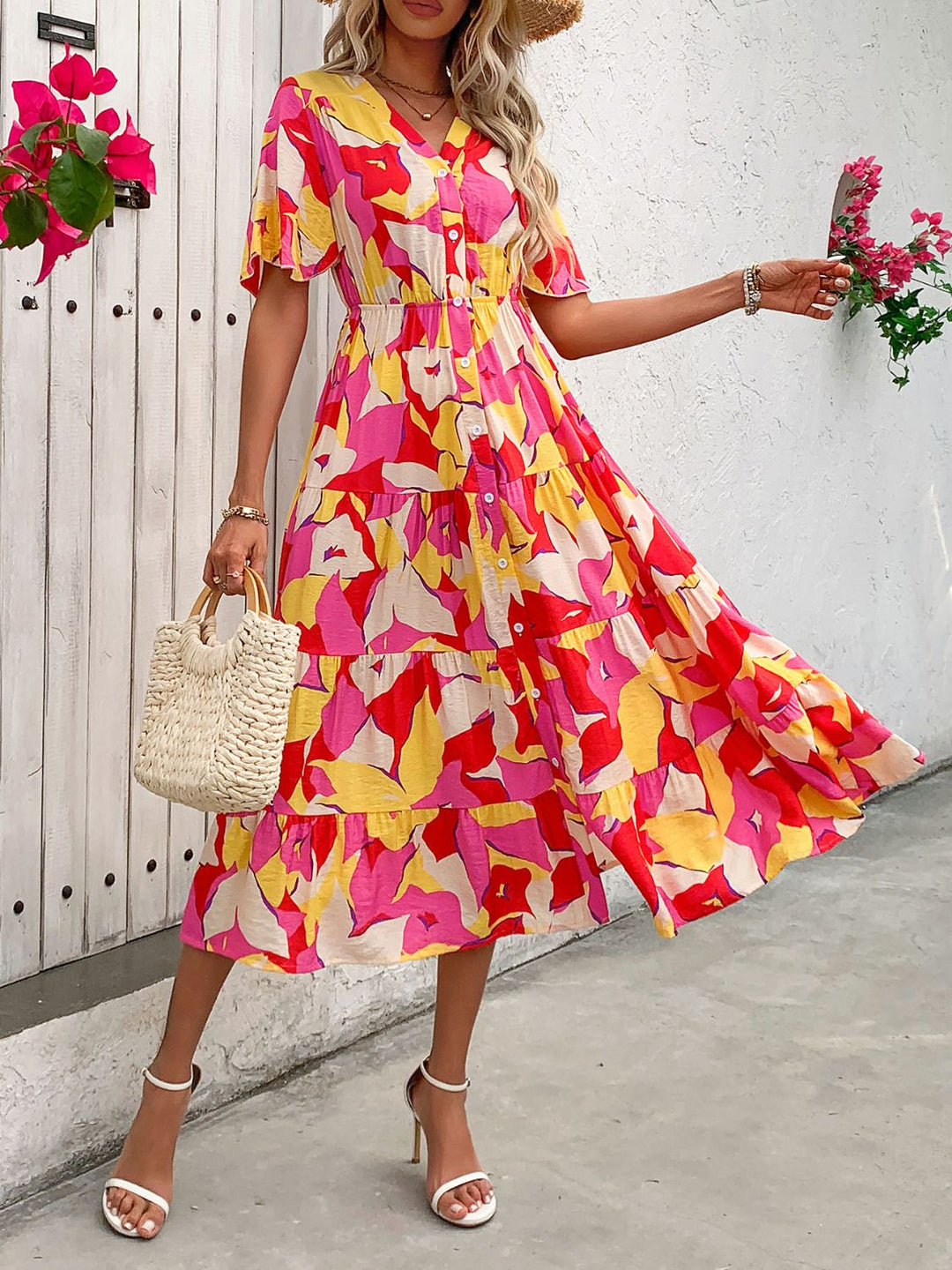 Robe Midi Fleurie Femme – Boutonnée, Ceinturée à Taille Haute avec Manches Courtes