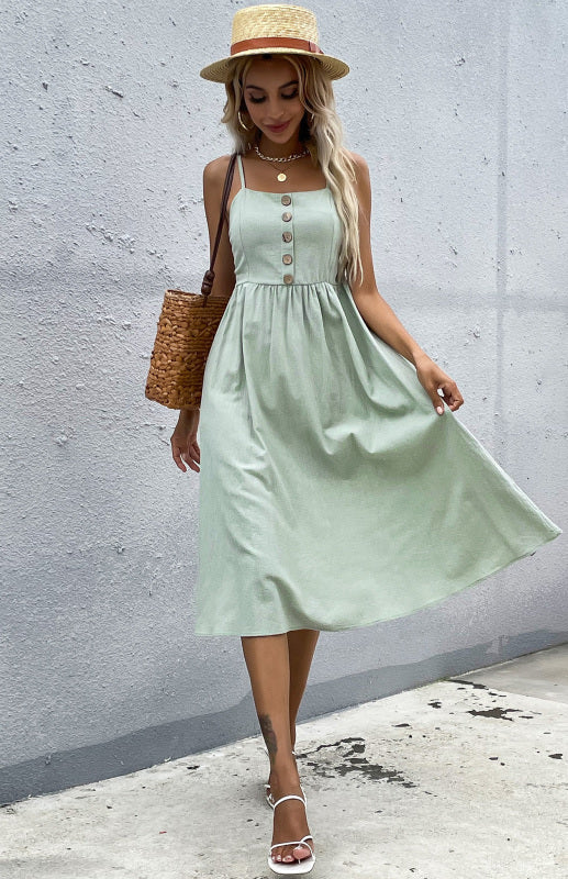 Robe Évasée Femme Été Bretelles Fines – Boutonnée, Style Décontracté Bohème