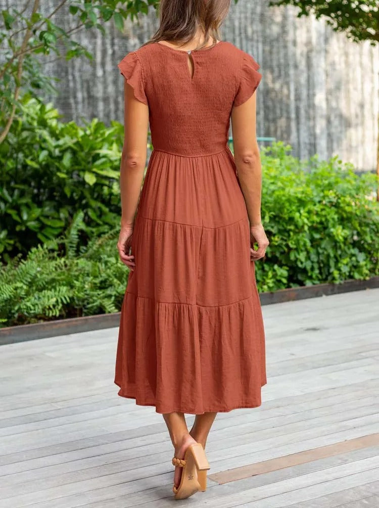 Robe Longue Casual Femme – Style Bohème, Manches Volants et Coupe Évasée en Étages
