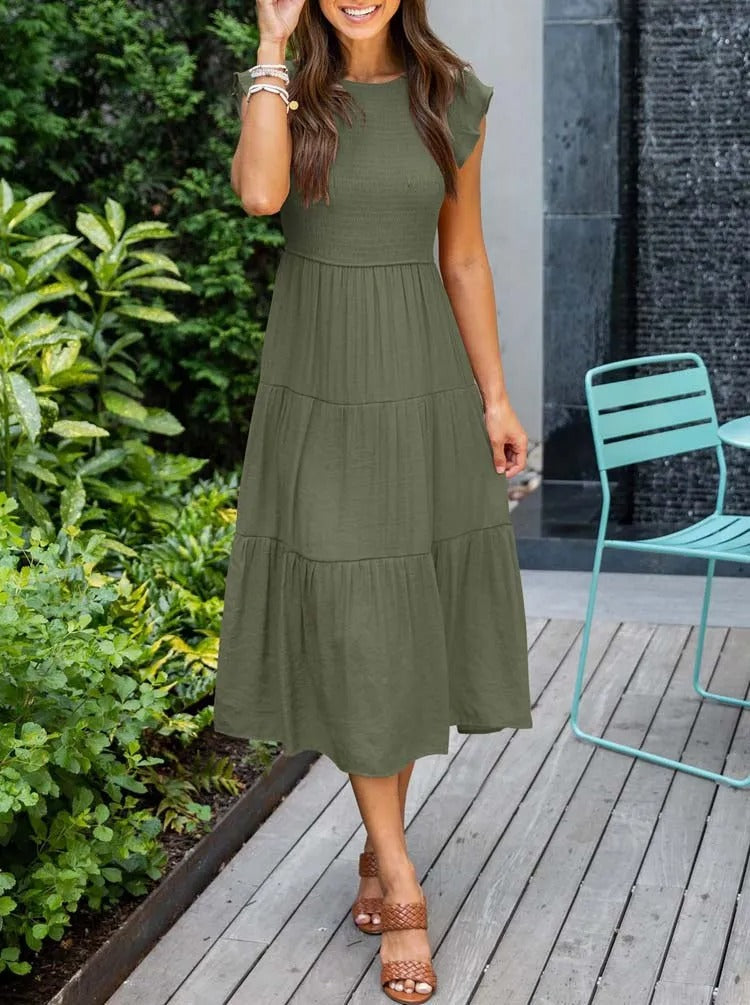 Robe Longue Casual Femme – Style Bohème, Manches Volants et Coupe Évasée en Étages