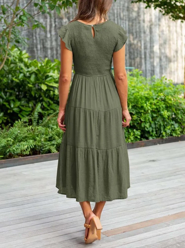 Robe Longue Casual Femme – Style Bohème, Manches Volants et Coupe Évasée en Étages