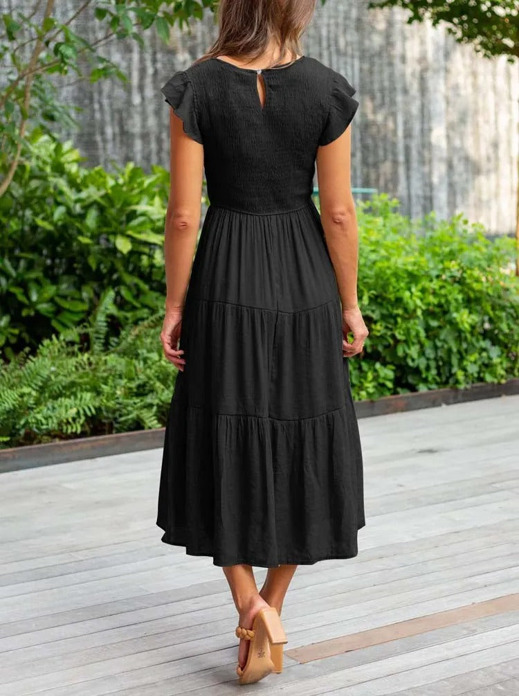 Robe Longue Casual Femme – Style Bohème, Manches Volants et Coupe Évasée en Étages