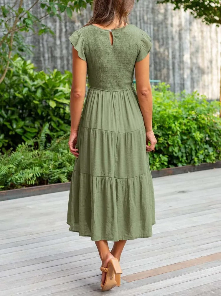 Robe Longue Casual Femme – Style Bohème, Manches Volants et Coupe Évasée en Étages