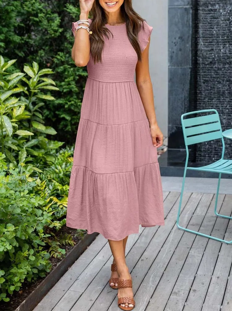 Robe Longue Casual Femme – Style Bohème, Manches Volants et Coupe Évasée en Étages