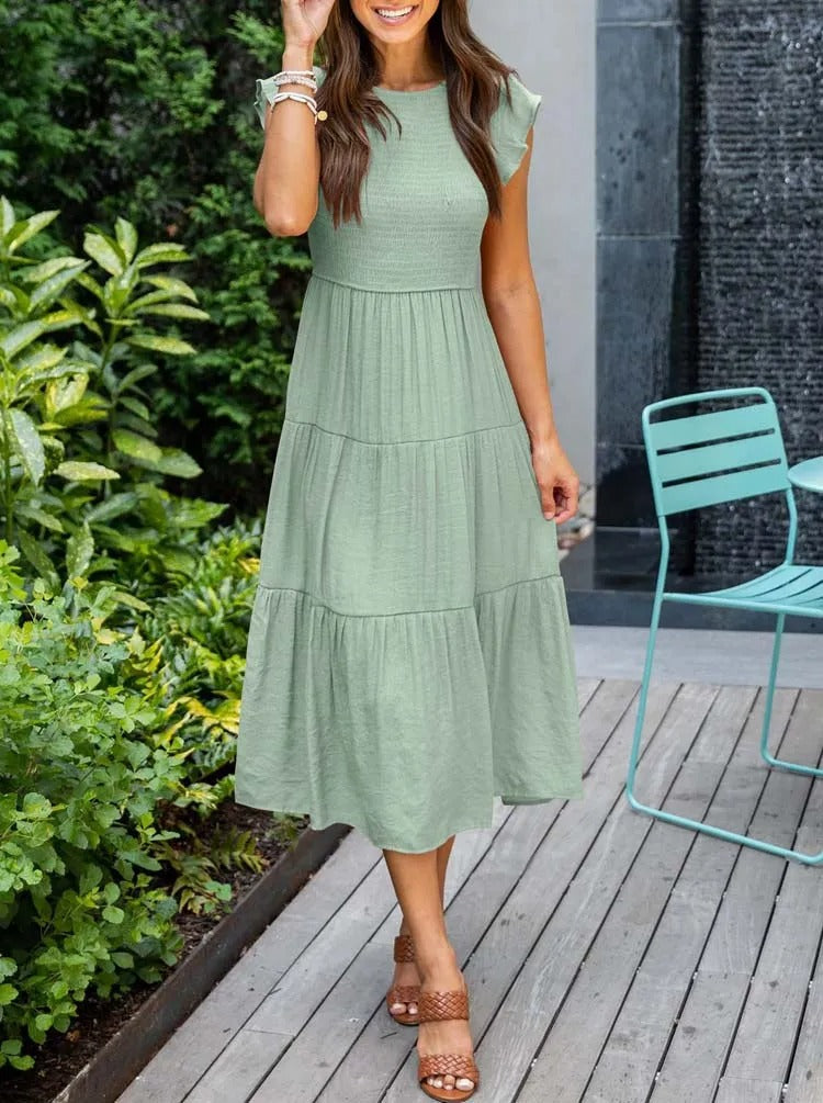 Robe Longue Casual Femme – Style Bohème, Manches Volants et Coupe Évasée en Étages