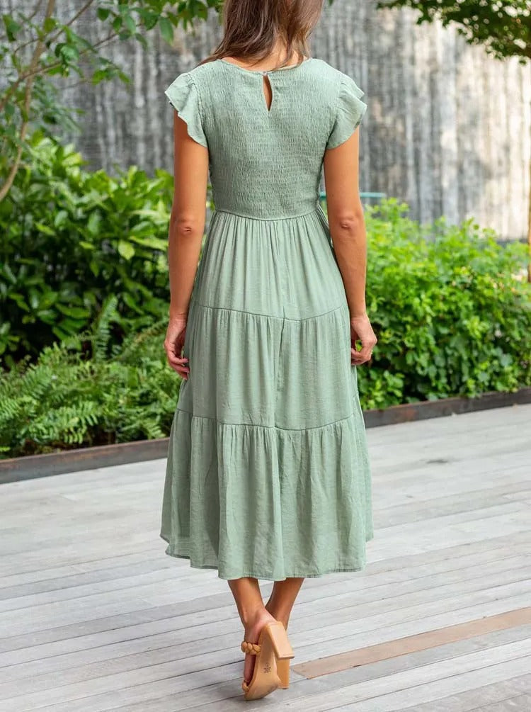Robe Longue Casual Femme – Style Bohème, Manches Volants et Coupe Évasée en Étages