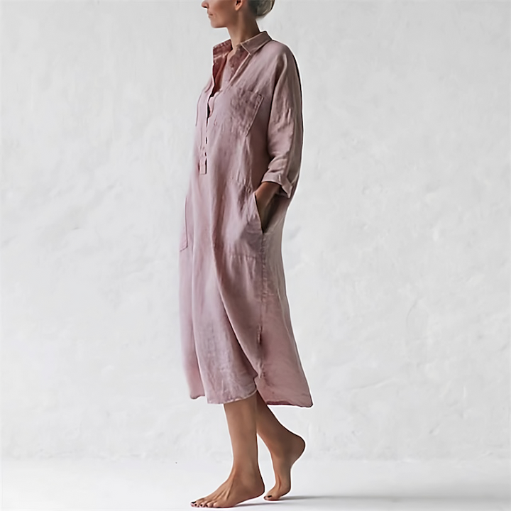 Robe Midi Ample en Lin – Style Décontracté avec Manches 3/4 et Poches – Femme Élégante