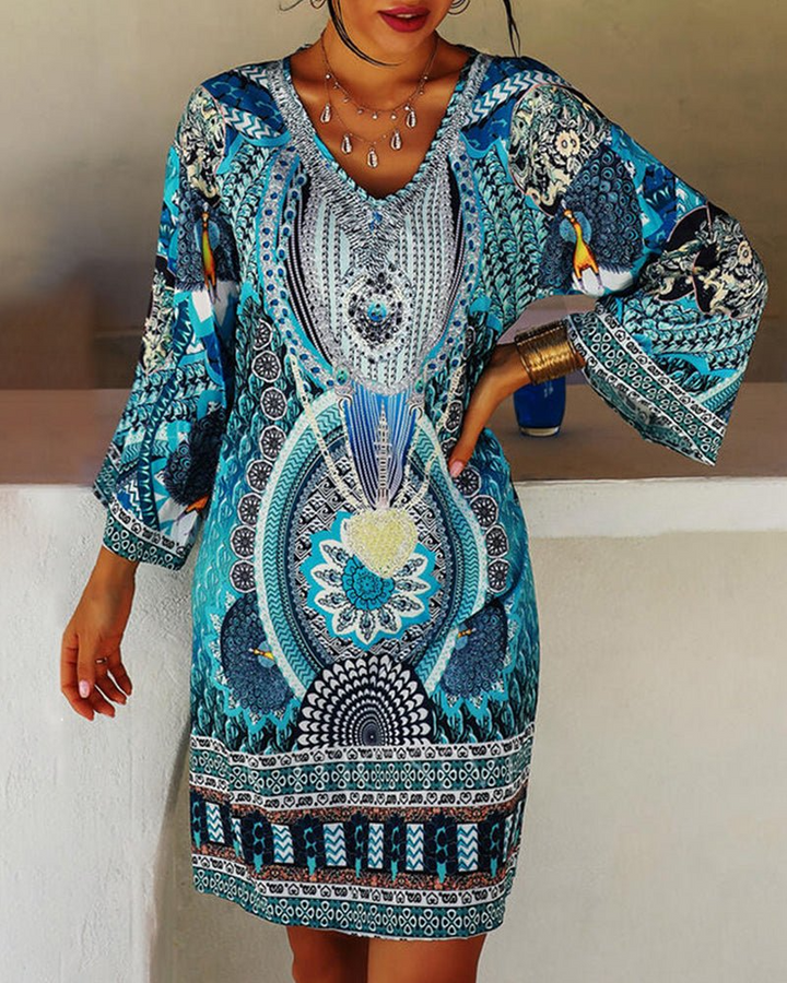 Damen Boho Kleid mit V-Ausschnitt und Print | Mini