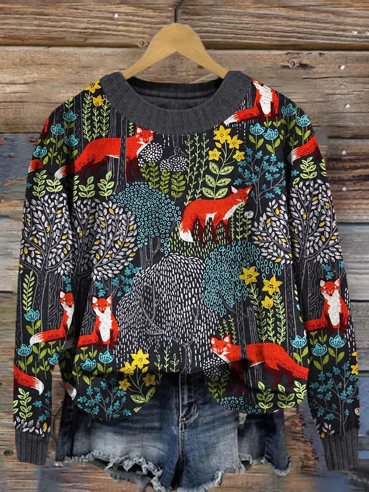 Romain – Pull gris vintage avec motif forestier unique