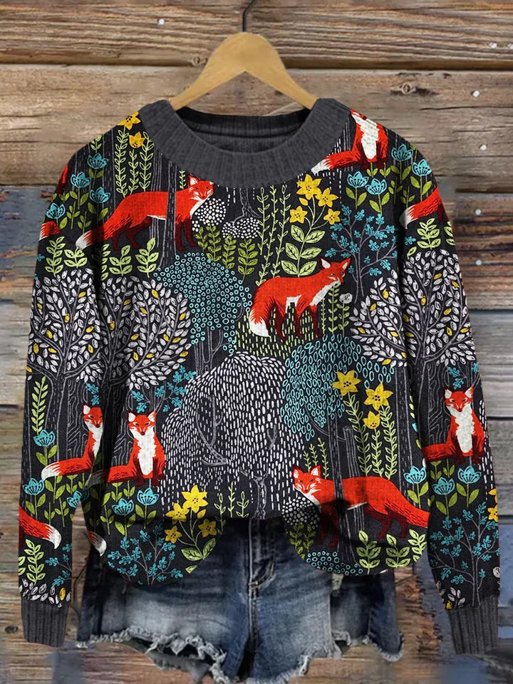 Romain – Pull gris vintage avec motif forestier unique