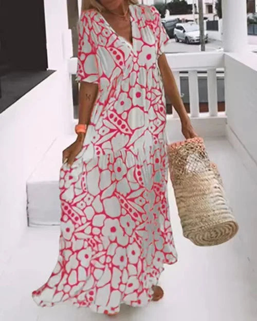 Robe Longue Bohème à Imprimé Floral – Élégance Décontractée pour Été, Vacances et Bord de Mer
